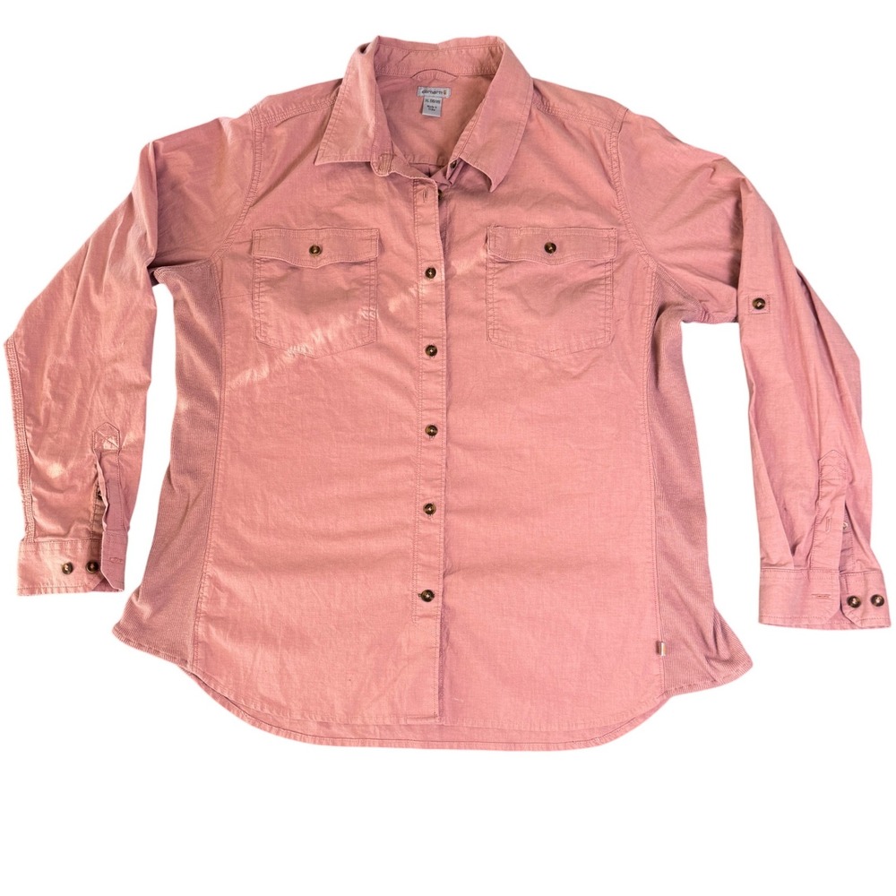 Carhartt Womens XL Dusty Rose Ribbed Side Panel Button Up Work Shirt Long Sleeve